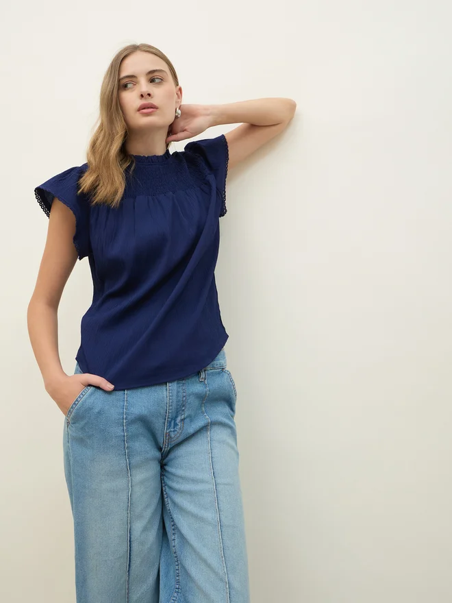 Styli Styli Regular Fit Round Neck Top with Smocked Detail