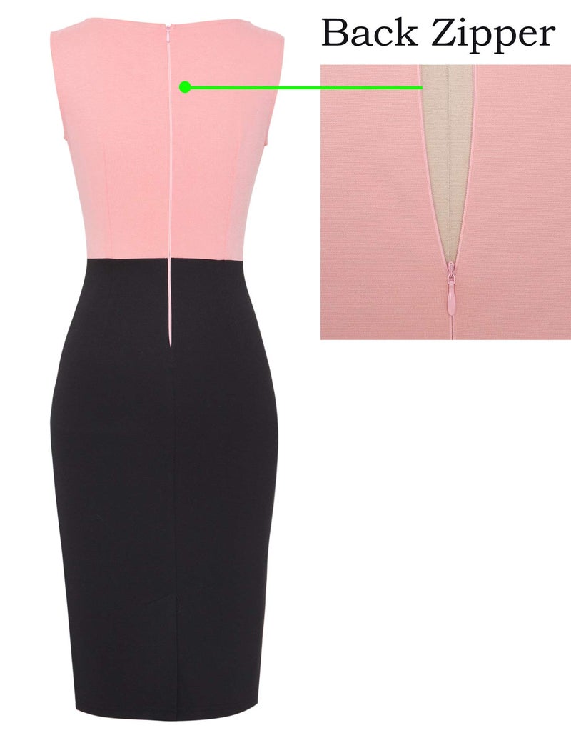 VFSHOW Womens Peach Pink and Black Colorblock Patchwork Slim Zipper Up Wear to Work Business Office Cocktail Party Professional Pencil Sheath Dress 6195 PIK M - Image 4