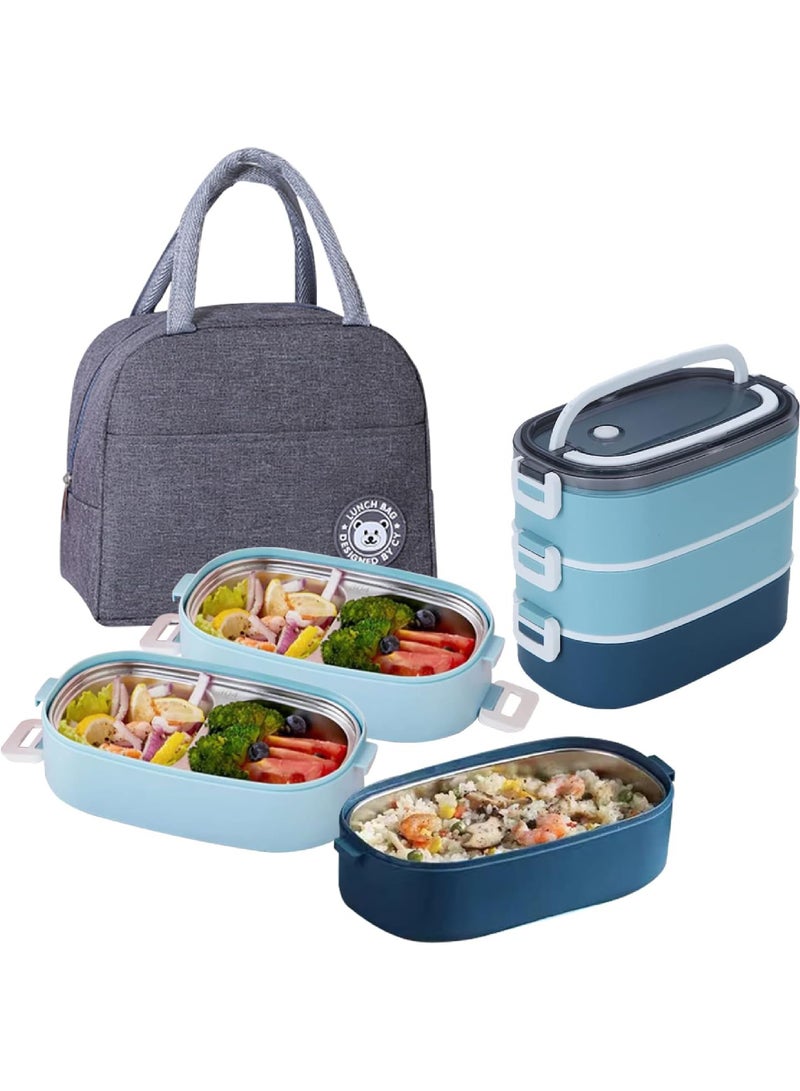 Rock Pow Stainless Steel Lunch Box - Insulated Bento Box Multifunctional Containers Food Containers with 3 Compartments,Tableware, Nylon insulation bag (1.9L Blue) - Image 1