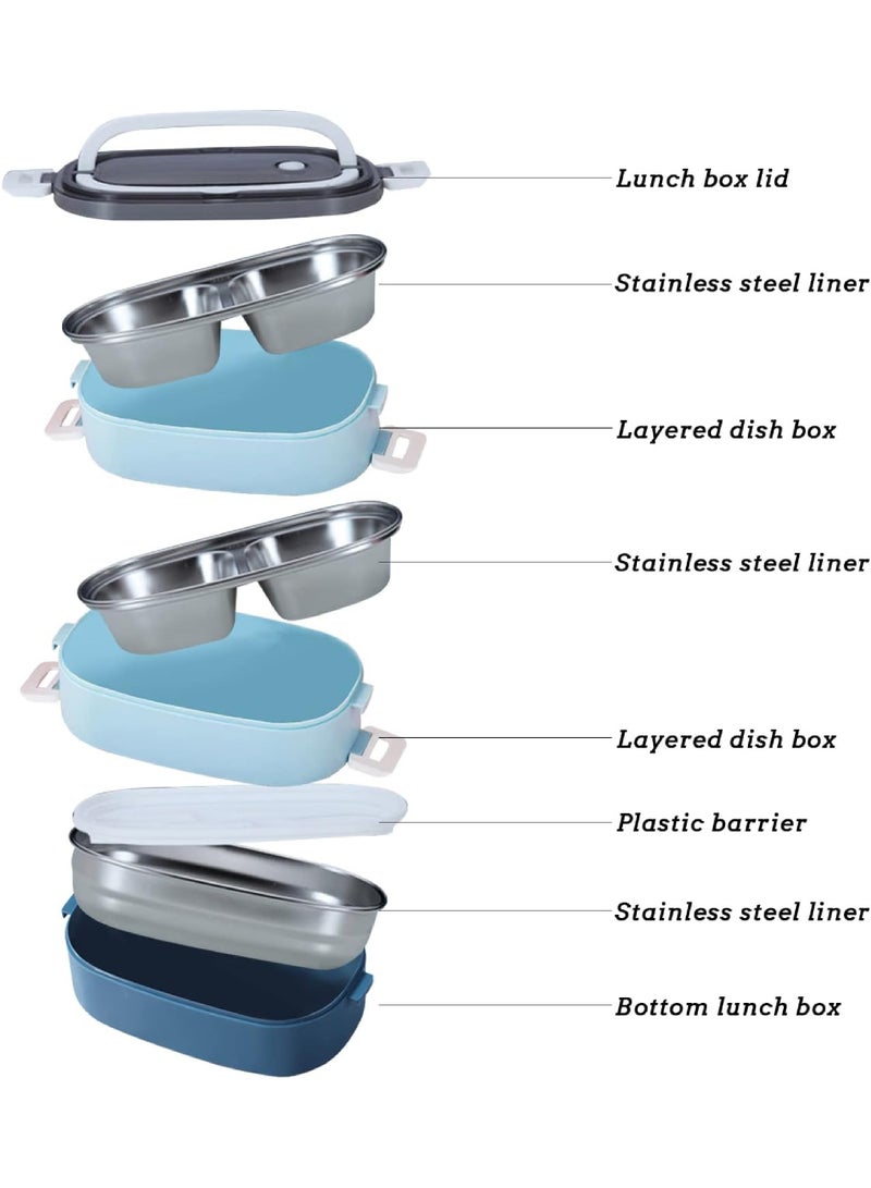 Rock Pow Stainless Steel Lunch Box - Insulated Bento Box Multifunctional Containers Food Containers with 3 Compartments,Tableware, Nylon insulation bag (1.9L Blue) - Image 3