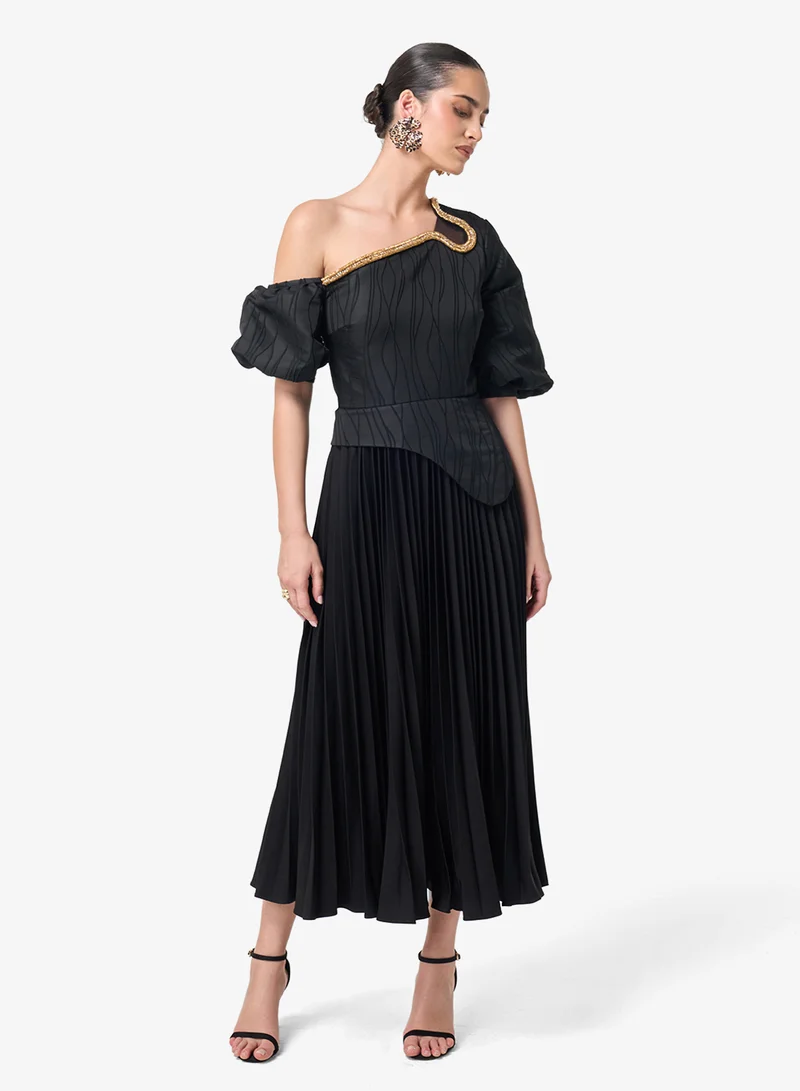Threadz By Ajooni  Puff Sleeve Plisse Midi Dress for Women | Best Price UAE