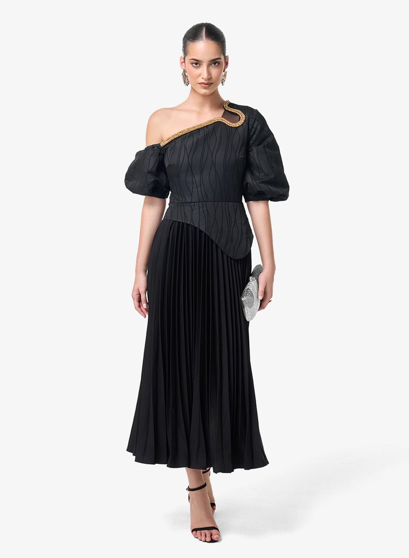 Threadz by Ajooni Puff Sleeve Plisse Midi Dress - Image 1