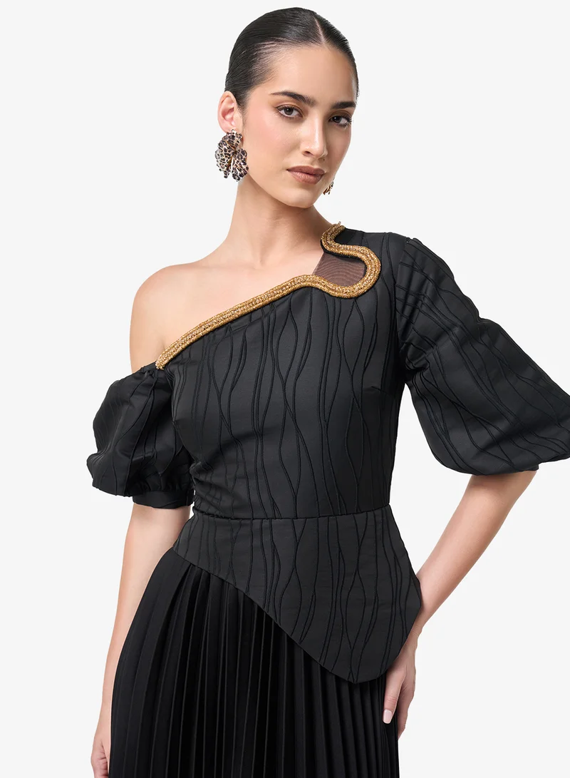 Threadz By Ajooni  Puff Sleeve Plisse Midi Dress for Women | Best Price UAE