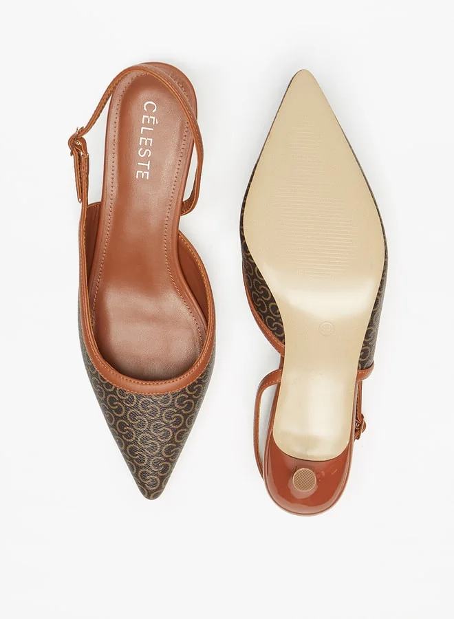 Celeste Women's All-Over Monogram Print Pumps with Buckle Closure and Kitten Heels