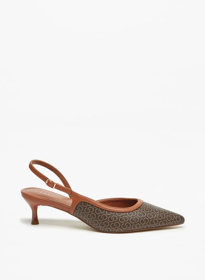 Celeste Women's All-Over Monogram Print Pumps with Buckle Closure and Kitten Heels