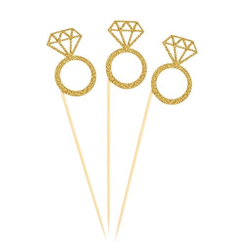 TKMOS 50 Pack Cupcake Toppers Gold Glitter Mini Diamond Ring Cakes Toppers for Marriage Engagement Anniversary Birthday Valentines Party Cake Decor - Image 2