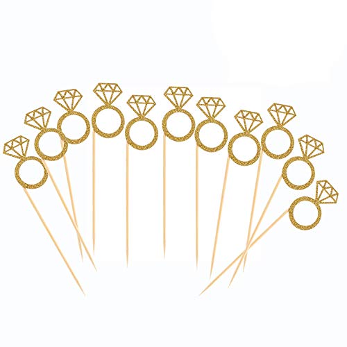 TKMOS 50 Pack Cupcake Toppers Gold Glitter Mini Diamond Ring Cakes Toppers for Marriage Engagement Anniversary Birthday Valentines Party Cake Decor - Image 1
