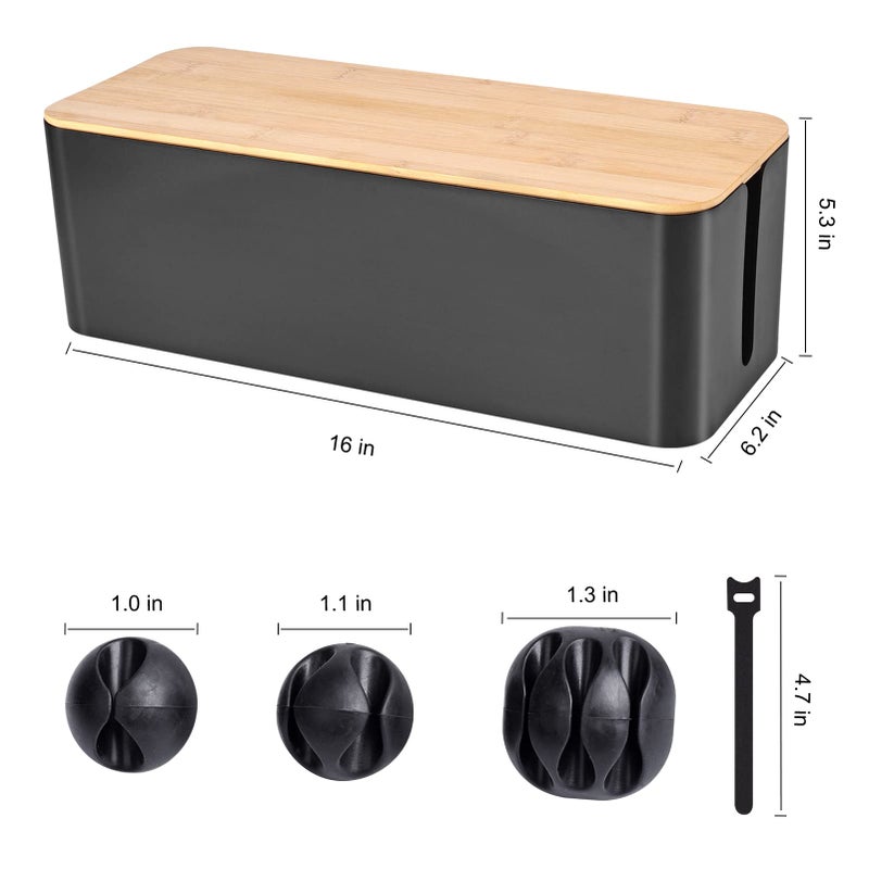 TuweChen Cable Management Box - Wooden Style Large Cord Organizer to Hide Wires & Power Strips | Desk Computer Cable Organizer | Safe ABS Material | 16" (L) x 6.2" (W) 5.3" (H) | for Home & Office - Black - Image 2