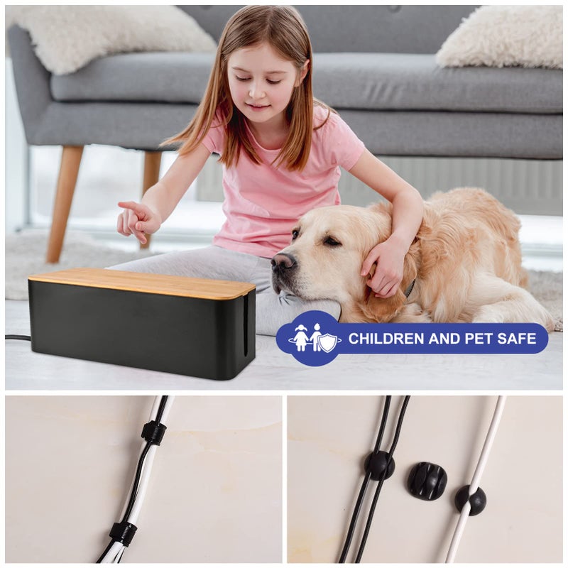 TuweChen Cable Management Box - Wooden Style Large Cord Organizer to Hide Wires & Power Strips | Desk Computer Cable Organizer | Safe ABS Material | 16" (L) x 6.2" (W) 5.3" (H) | for Home & Office - Black - Image 5