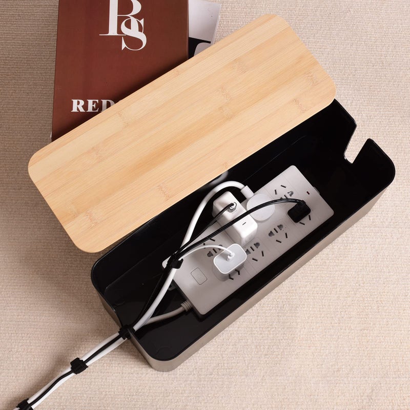 TuweChen Cable Management Box - Wooden Style Large Cord Organizer to Hide Wires & Power Strips | Desk Computer Cable Organizer | Safe ABS Material | 16" (L) x 6.2" (W) 5.3" (H) | for Home & Office - Black - Image 3