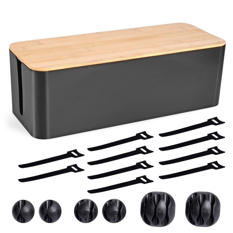 TuweChen Cable Management Box - Wooden Style Large Cord Organizer to Hide Wires & Power Strips | Desk Computer Cable Organizer | Safe ABS Material | 16" (L) x 6.2" (W) 5.3" (H) | for Home & Office - Black - Image 1