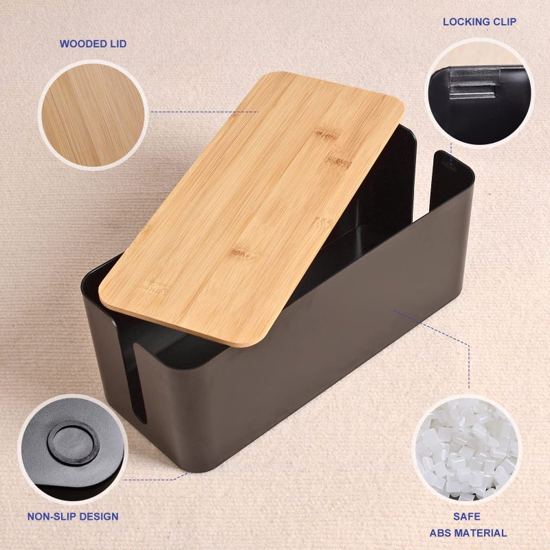 TuweChen Cable Management Box - Wooden Style Large Cord Organizer to Hide Wires & Power Strips | Desk Computer Cable Organizer | Safe ABS Material | 16" (L) x 6.2" (W) 5.3" (H) | for Home & Office - Black - Image 4