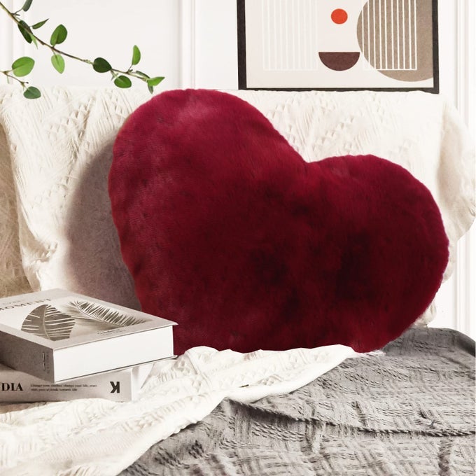 HEART PILLOW WINE RED HEART PILLOWS LOVE PILLOW GIFTS 14X17 INCH LARGE HEART SHAPED PILLOWS FAUX RABBIT FUR COQUETTE ROOM DECOR THROW PILLOWS LIVING BEDROOM INDOOR OUTDOOR