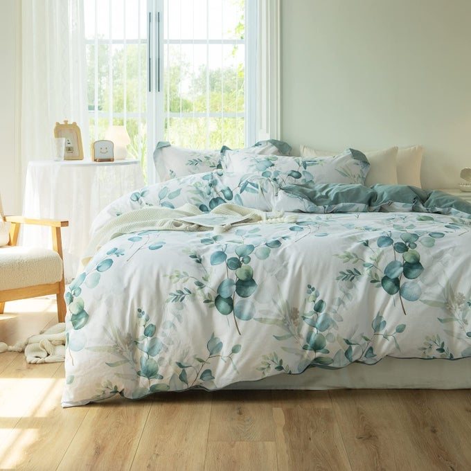 DUVET COVER LEAF PATTERN 100 WASHED COTTON EUCALYPTUS PRINTED SAGE GREEN COMFORTER COVER LINEN FEEL BEDDING SET WITH ZIPPER CLOSURE 4 TIES QUEEN SIZE