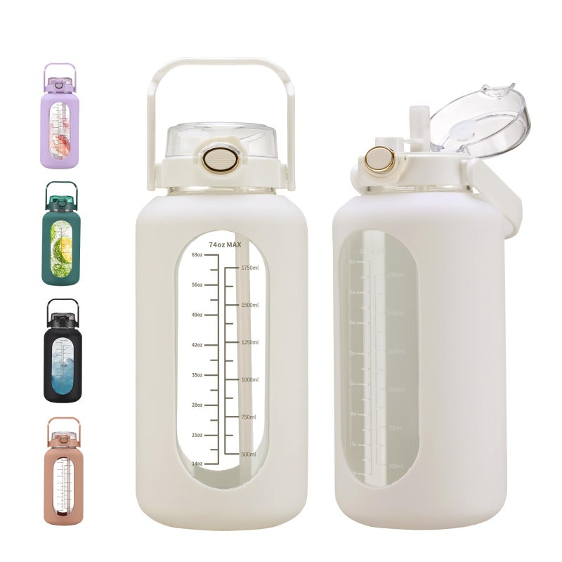 chunmo 74 oz Glass Water Bolttles with Straw Large Motivational Water Bottle with Time Marker Sports Water Bottles with Silicone Sleeve and Handle Lid 2.2L Water Jug for Gym Workout - Image 1