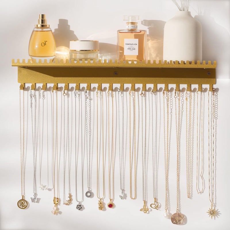 Josmimic Necklace Holder Wall Hanging Organizer: Wall Mounted Jewelry Shelf with 56 Hooks and Tray, Display Hanger for Kids, Girls and Women, Gold & Metal - Image 1