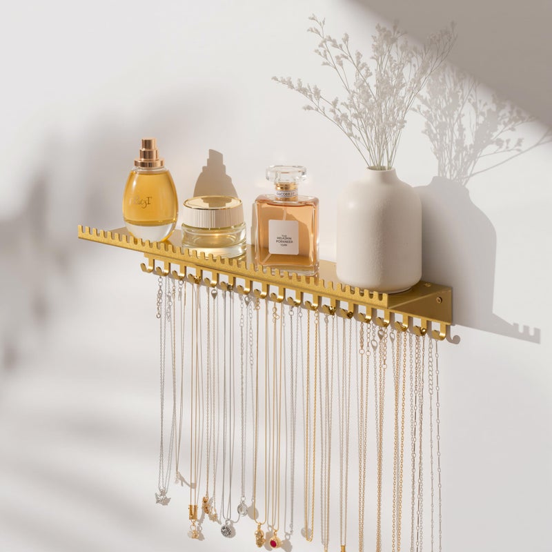 Josmimic Necklace Holder Wall Hanging Organizer: Wall Mounted Jewelry Shelf with 56 Hooks and Tray, Display Hanger for Kids, Girls and Women, Gold & Metal - Image 3