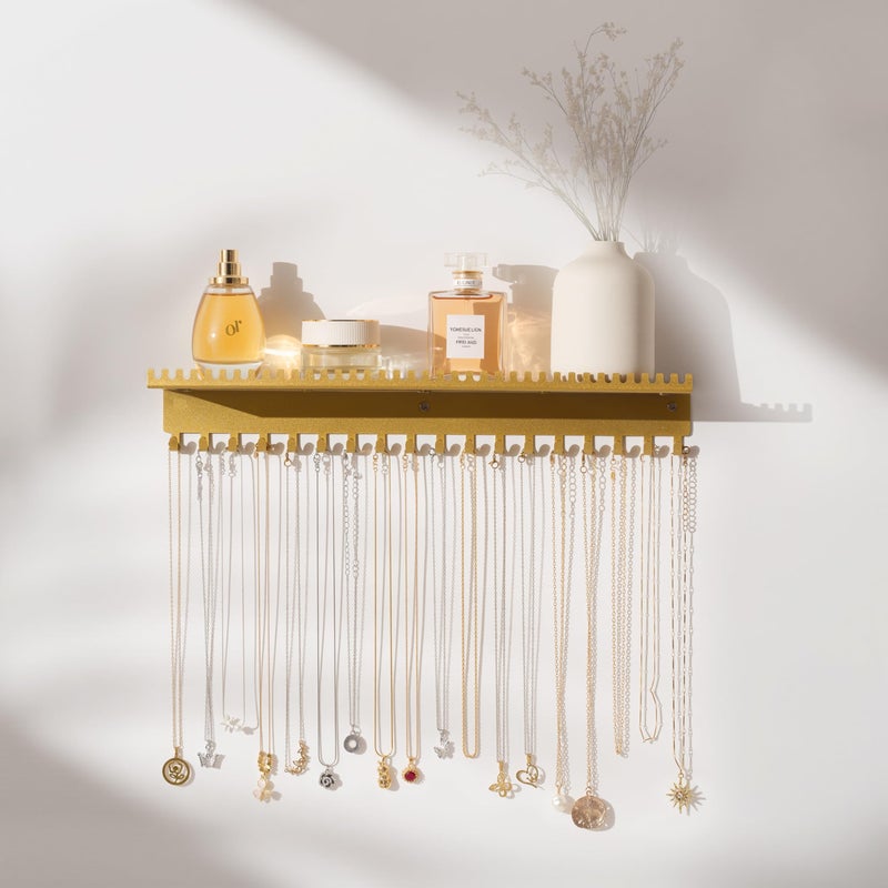 Josmimic Necklace Holder Wall Hanging Organizer: Wall Mounted Jewelry Shelf with 56 Hooks and Tray, Display Hanger for Kids, Girls and Women, Gold & Metal - Image 2