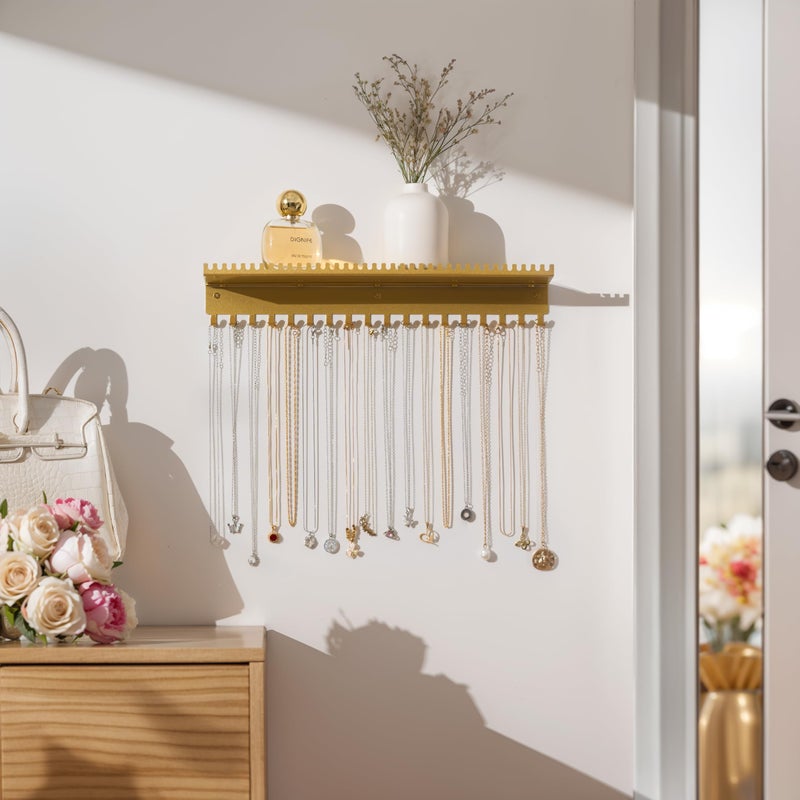 Josmimic Necklace Holder Wall Hanging Organizer: Wall Mounted Jewelry Shelf with 56 Hooks and Tray, Display Hanger for Kids, Girls and Women, Gold & Metal - Image 4