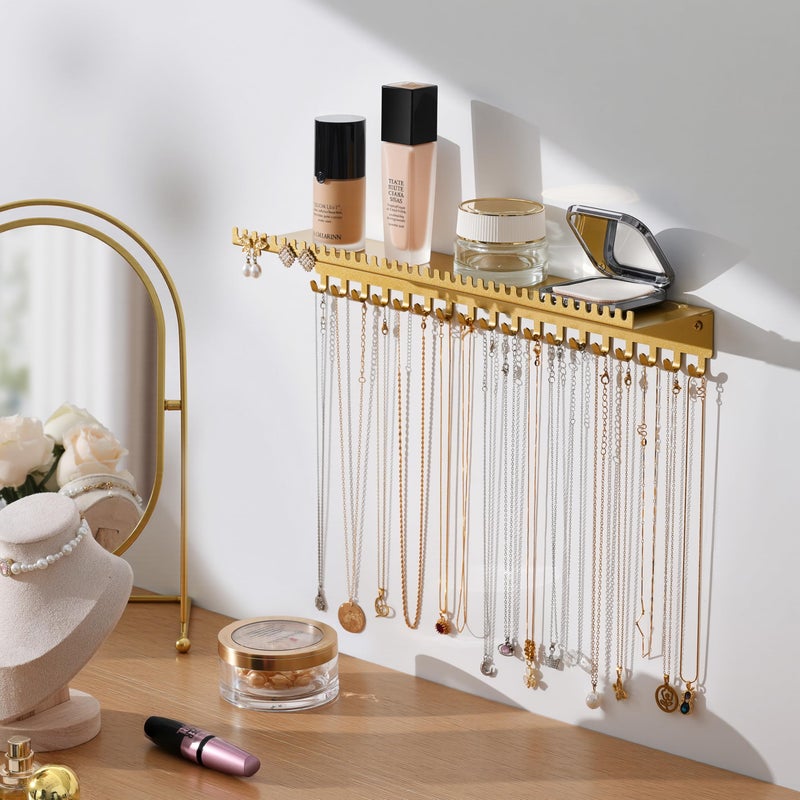 Josmimic Necklace Holder Wall Hanging Organizer: Wall Mounted Jewelry Shelf with 56 Hooks and Tray, Display Hanger for Kids, Girls and Women, Gold & Metal - Image 5
