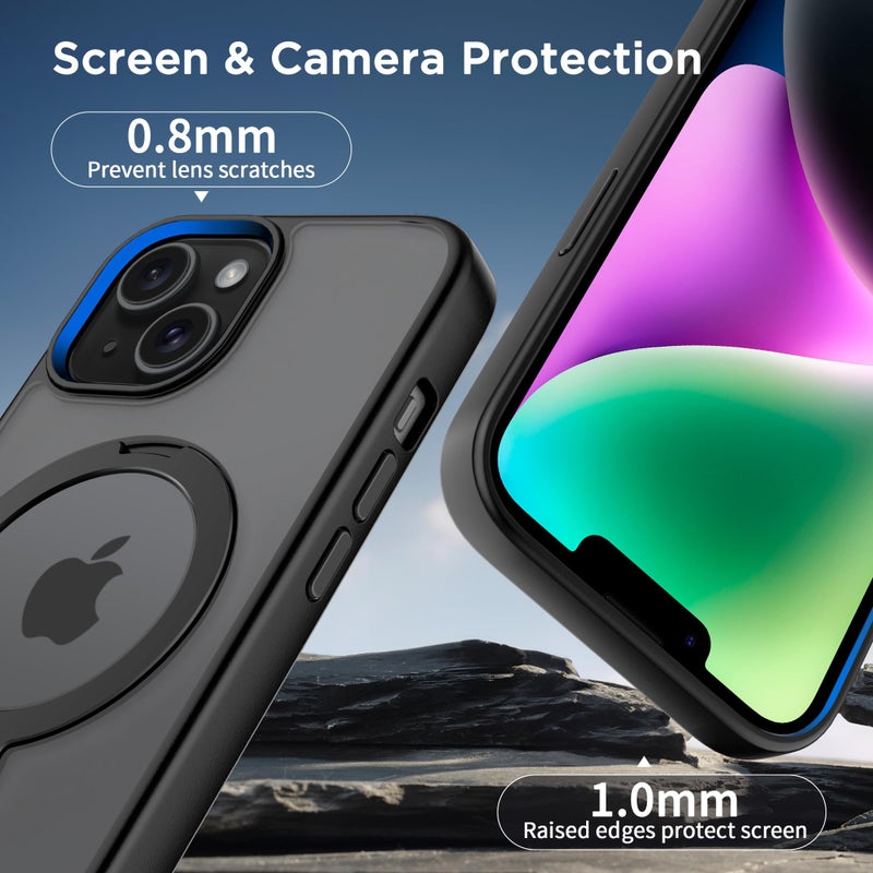 CACOE Magnetic Case for iPhone 13/14 6.1 inch with 360 Rotatable Ring Stand, Compatible with MagSafe Car Phone Mount, Cases Cover Phone Holder for Desk Meeting/Videos Matte Black - Image 5