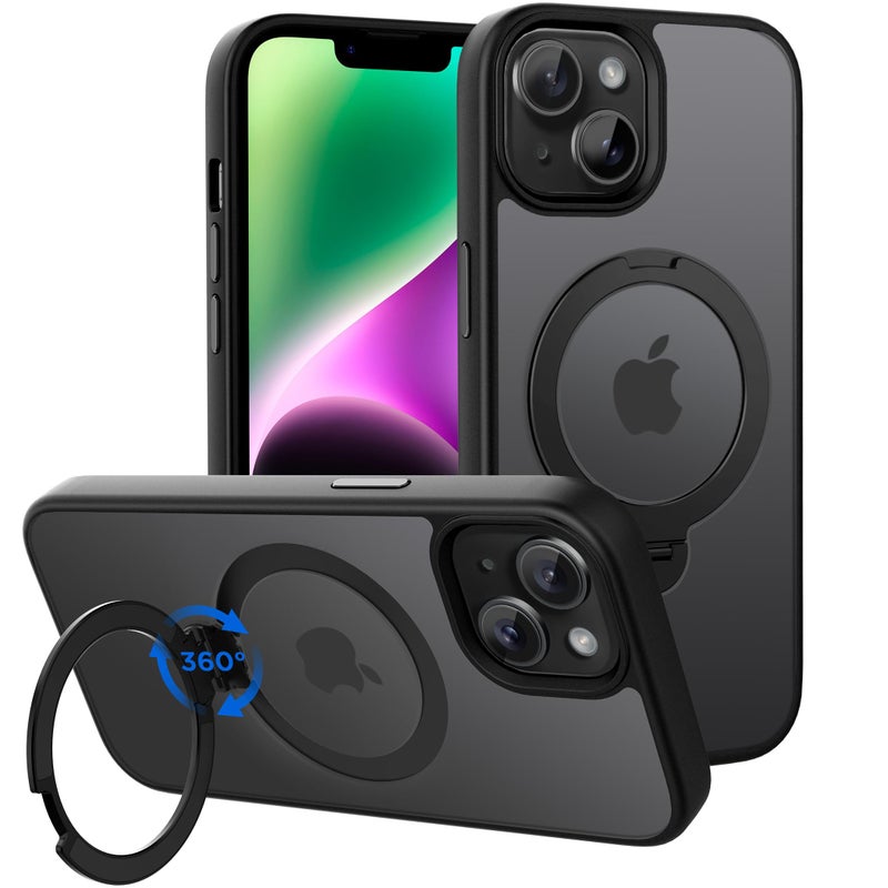 CACOE Magnetic Case for iPhone 13/14 6.1 inch with 360 Rotatable Ring Stand, Compatible with MagSafe Car Phone Mount, Cases Cover Phone Holder for Desk Meeting/Videos Matte Black - Image 1