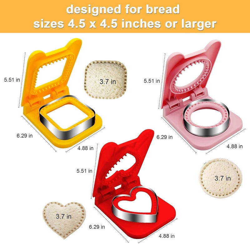 BaokiTook 3PCS Sandwich Cutter and Sealer,Sandwich Cutters for Kids Lunch,Crustless Sandwich Cutter,Cookie Cutter for Children Lunchbox and Bento Box (Pink Round+Red Heart+Yellow Square) - Image 3