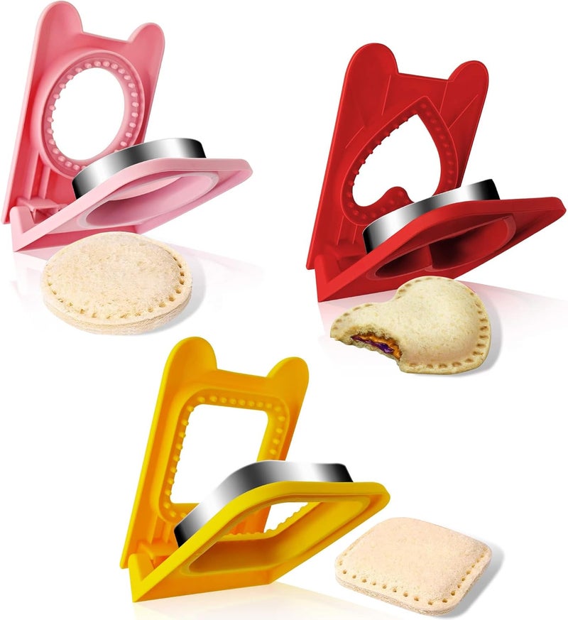 BaokiTook 3PCS Sandwich Cutter and Sealer,Sandwich Cutters for Kids Lunch,Crustless Sandwich Cutter,Cookie Cutter for Children Lunchbox and Bento Box (Pink Round+Red Heart+Yellow Square) - Image 1
