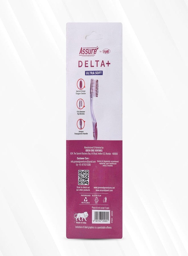 Assure Delta+ Toothbrush (Pack of 8) | Crystal Transparent Handle | 17x Slimmer Tapered Bristles for Deep Clean | Built-in Tongue Cleaner | Soft PBT | Multicolor Adult Pack - Image 2