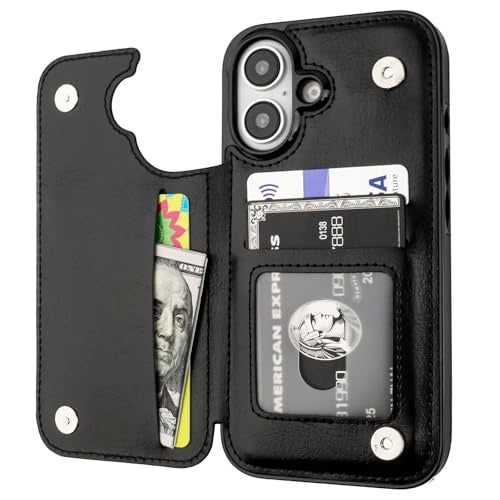 OT ONETOP ONETOP Compatible with iPhone 16 Wallet Case with Card Holder, PU Leather Kickstand Card Slots Case, Double Magnetic Clasp and Durable Shockproof Cover 6.1 Inch (Black) - Image 1