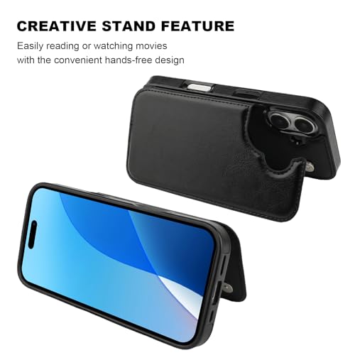 OT ONETOP ONETOP Compatible with iPhone 16 Wallet Case with Card Holder, PU Leather Kickstand Card Slots Case, Double Magnetic Clasp and Durable Shockproof Cover 6.1 Inch (Black) - Image 5
