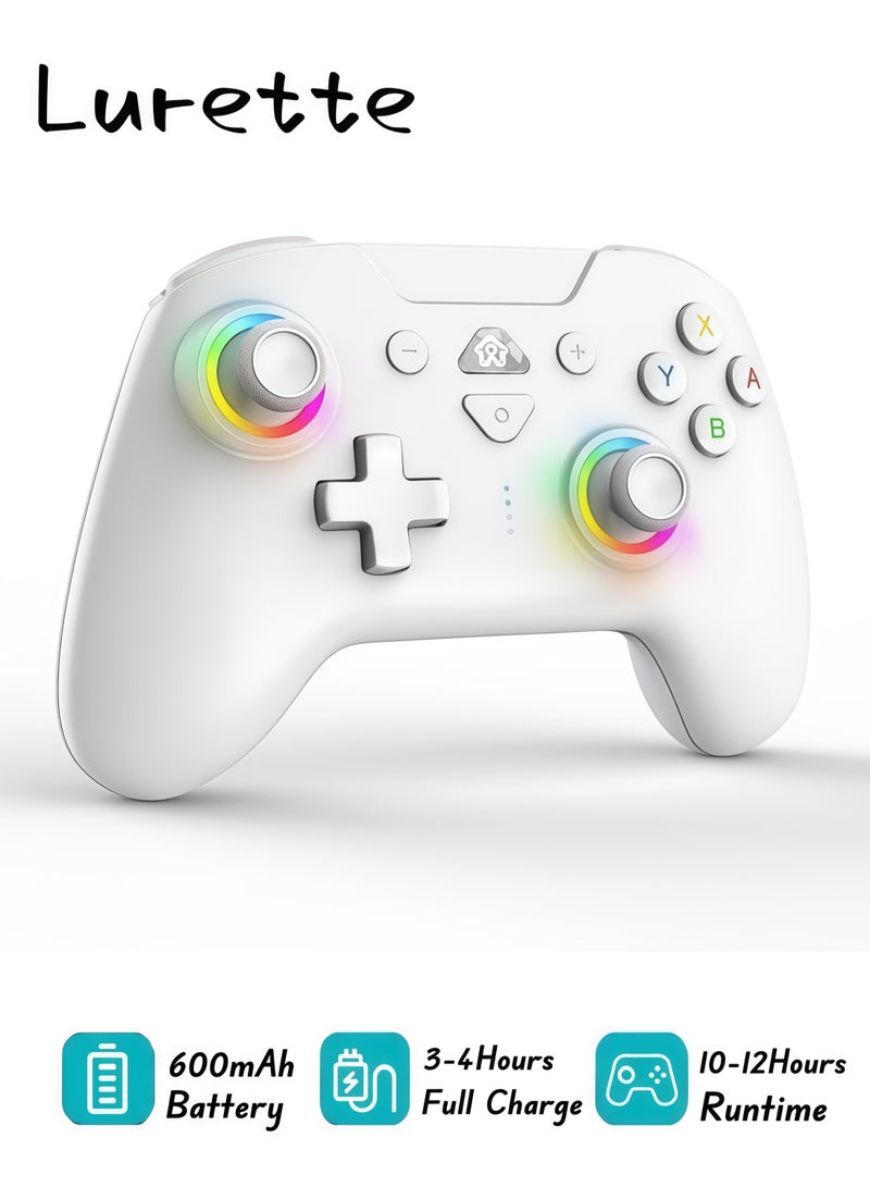 Lurette Wireless Switch Controllers for Nintendo Switch, 6-Axis Gyro, Turbo Function, 7-Color RGB Lights, Compatible with Switch1/Switch2/PC (Wired)/iOS, All Functions Included with a Stylish Design and Cute Color - White - Image 1