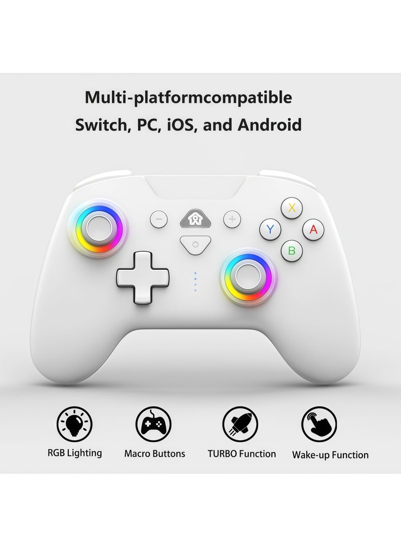 Lurette Wireless Switch Controllers for Nintendo Switch, 6-Axis Gyro, Turbo Function, 7-Color RGB Lights, Compatible with Switch1/Switch2/PC (Wired)/iOS, All Functions Included with a Stylish Design and Cute Color - White - Image 2
