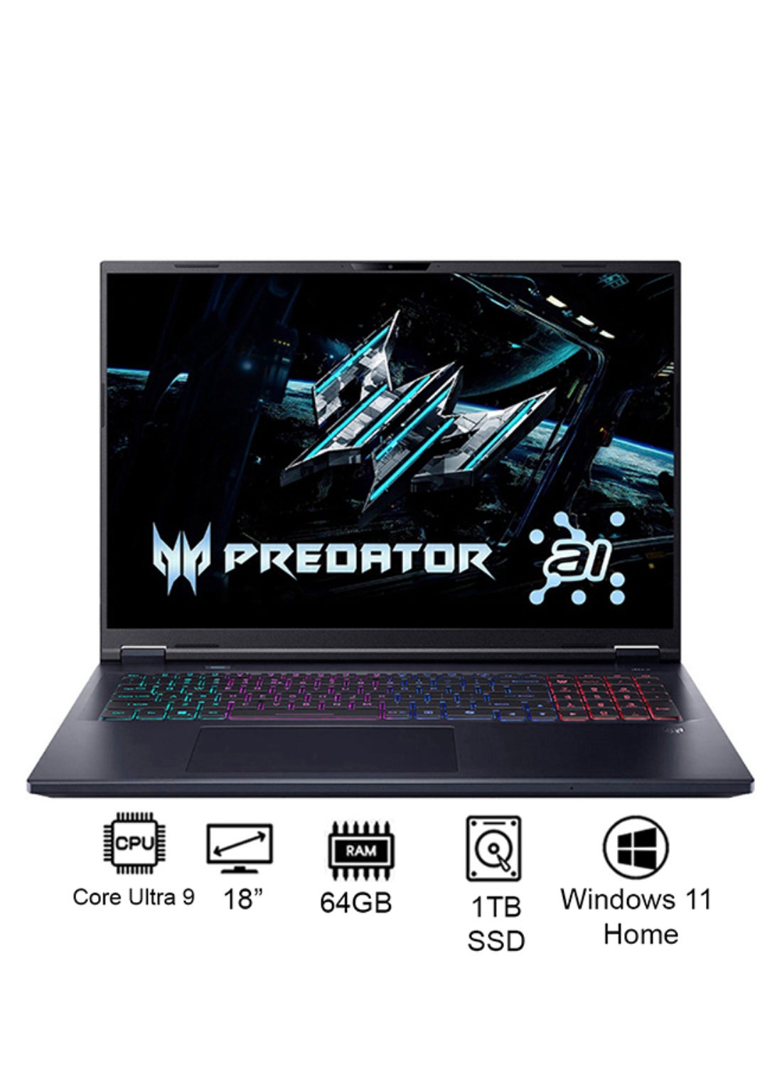 Acer Predator Helios Neo 18 Gaming Laptop 14th Gen Intel Core Ultra 9-275HX 24 Cores Upto 5.4GHz/64GB DDR5 6400MHz RAM/1TB SED SSD/12GB NVIDIA®GeForce®RTX 5070 Ti Graphics/18" WQXGA IPS 250Hz DDS Mini LED Display/W11/Killer WiFi-6E/4-Zone RGB KB/Thunderbolt 4/ English/Arabic Abyssal Black
