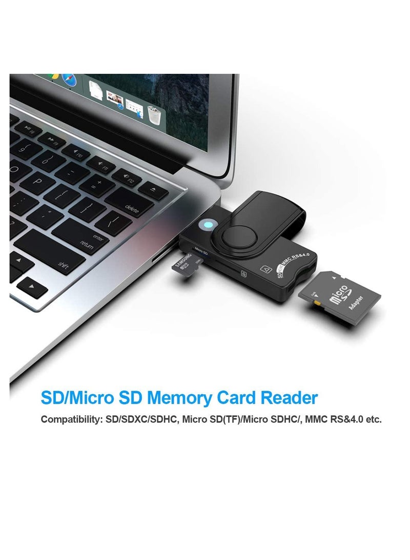 Smart Card Reader for Military, USB2.0 4 in 1 Portable Memory Card CAC/DOD Card Reader, SDHC/SDXC/SD/Micro SD Memory Card Reader for SIM and MMC RS & 4.0, Compatible with Windows, Linux/Unix, MacOS X