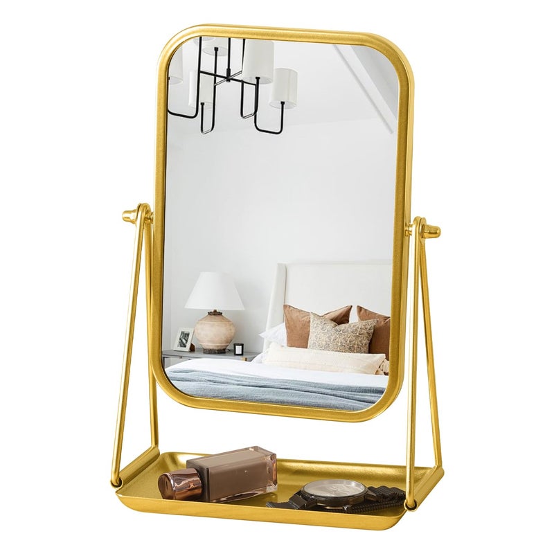 Gosider Gold Desk Mirror Rectangular Tabletop Vanity Makeup Mirrors with Metal Stand and Storage 360Â°Rotation Adjust Table Mirror Portable Cosmetic Mirrors for Dressing Bathroom Bedroom - Image 1