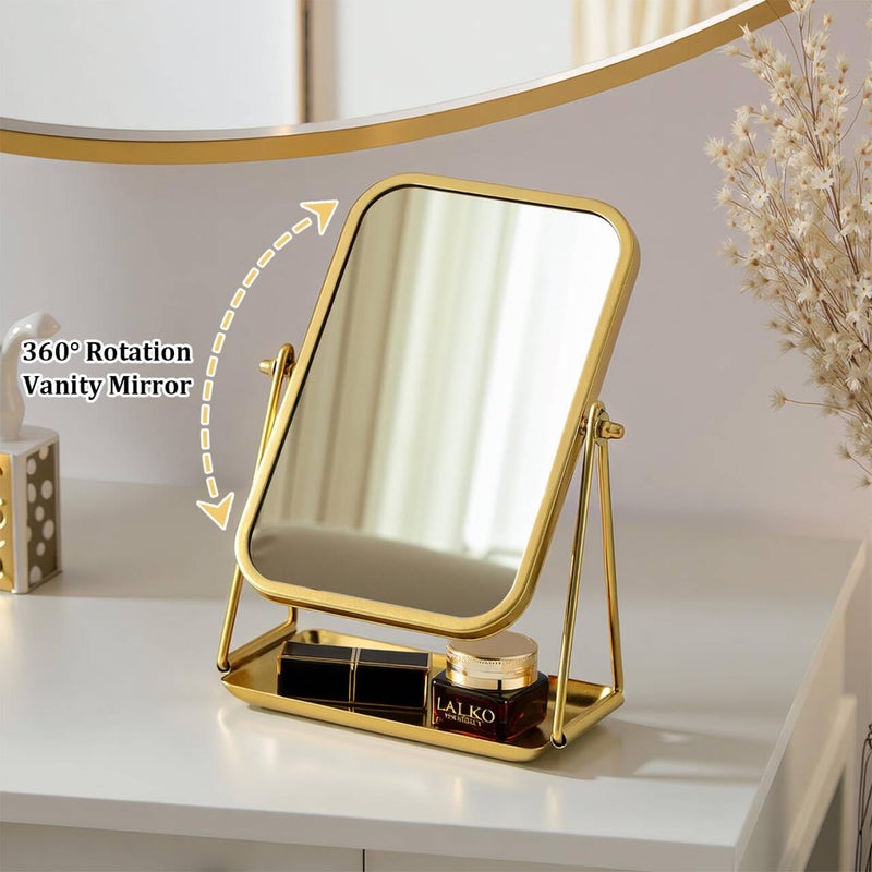 Gosider Gold Desk Mirror Rectangular Tabletop Vanity Makeup Mirrors with Metal Stand and Storage 360Â°Rotation Adjust Table Mirror Portable Cosmetic Mirrors for Dressing Bathroom Bedroom - Image 2