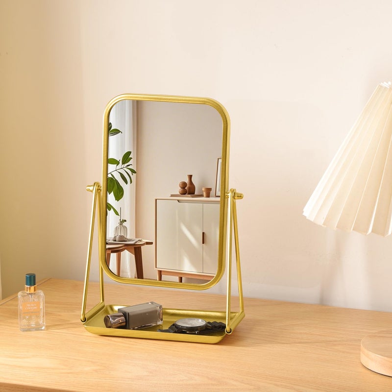 Gosider Gold Desk Mirror Rectangular Tabletop Vanity Makeup Mirrors with Metal Stand and Storage 360Â°Rotation Adjust Table Mirror Portable Cosmetic Mirrors for Dressing Bathroom Bedroom - Image 4