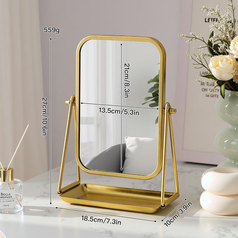 Gosider Gold Desk Mirror Rectangular Tabletop Vanity Makeup Mirrors with Metal Stand and Storage 360Â°Rotation Adjust Table Mirror Portable Cosmetic Mirrors for Dressing Bathroom Bedroom - Image 5
