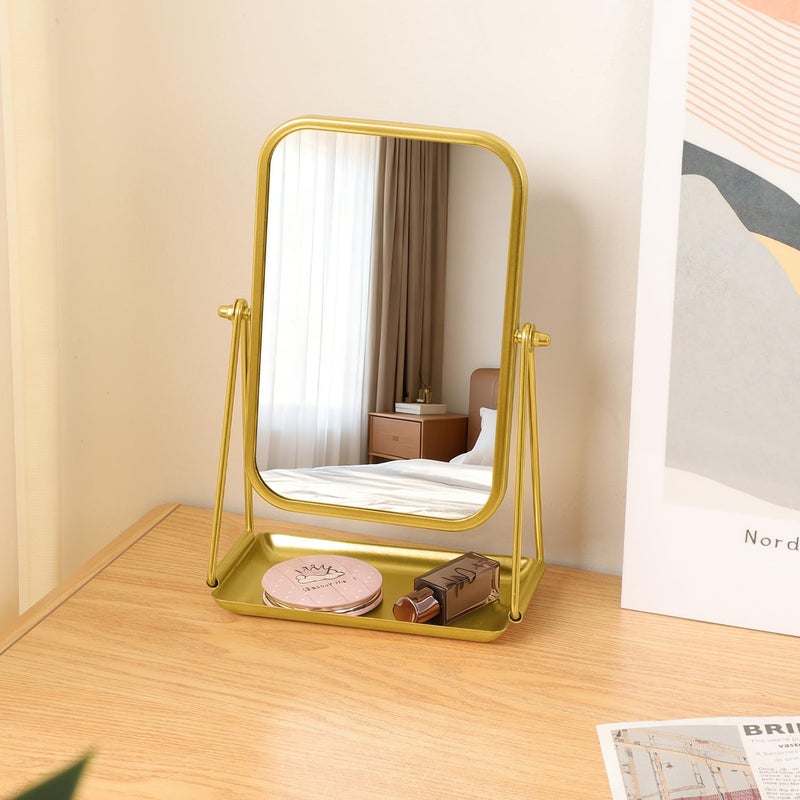 Gosider Gold Desk Mirror Rectangular Tabletop Vanity Makeup Mirrors with Metal Stand and Storage 360Â°Rotation Adjust Table Mirror Portable Cosmetic Mirrors for Dressing Bathroom Bedroom - Image 3