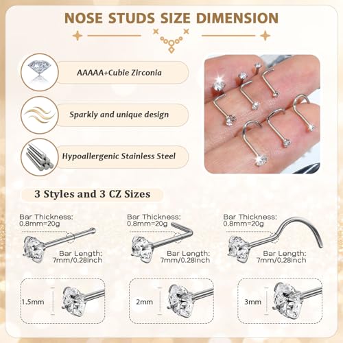 AMASIS 18g Silver Nose Rings Hoop and 20g Nose Studs Sets for Women Men,Hypoallergenic 316L Surgical Stainless Steel L Shape/Corkscrew/Straight Nose Studs Nose Screw Bone 1.5/2/3mm CZ Piercings Jewelry 12Pcs - Image 4