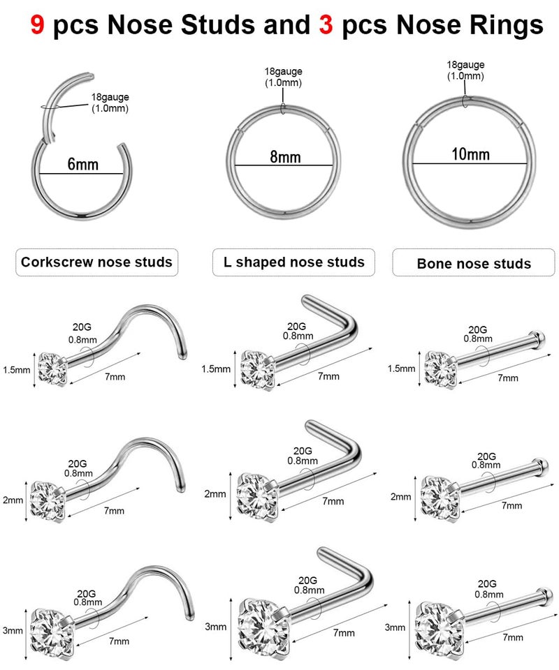 AMASIS 18g Silver Nose Rings Hoop and 20g Nose Studs Sets for Women Men,Hypoallergenic 316L Surgical Stainless Steel L Shape/Corkscrew/Straight Nose Studs Nose Screw Bone 1.5/2/3mm CZ Piercings Jewelry 12Pcs - Image 2