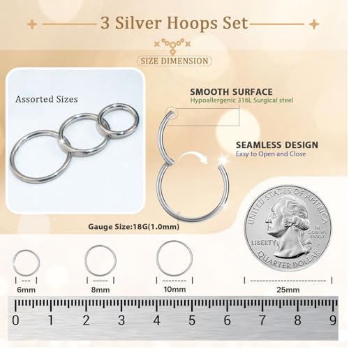 AMASIS 18g Silver Nose Rings Hoop and 20g Nose Studs Sets for Women Men,Hypoallergenic 316L Surgical Stainless Steel L Shape/Corkscrew/Straight Nose Studs Nose Screw Bone 1.5/2/3mm CZ Piercings Jewelry 12Pcs - Image 3