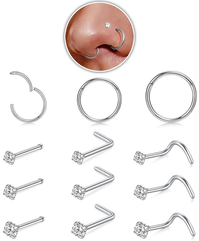 AMASIS 18g Silver Nose Rings Hoop and 20g Nose Studs Sets for Women Men,Hypoallergenic 316L Surgical Stainless Steel L Shape/Corkscrew/Straight Nose Studs Nose Screw Bone 1.5/2/3mm CZ Piercings Jewelry 12Pcs - Image 5