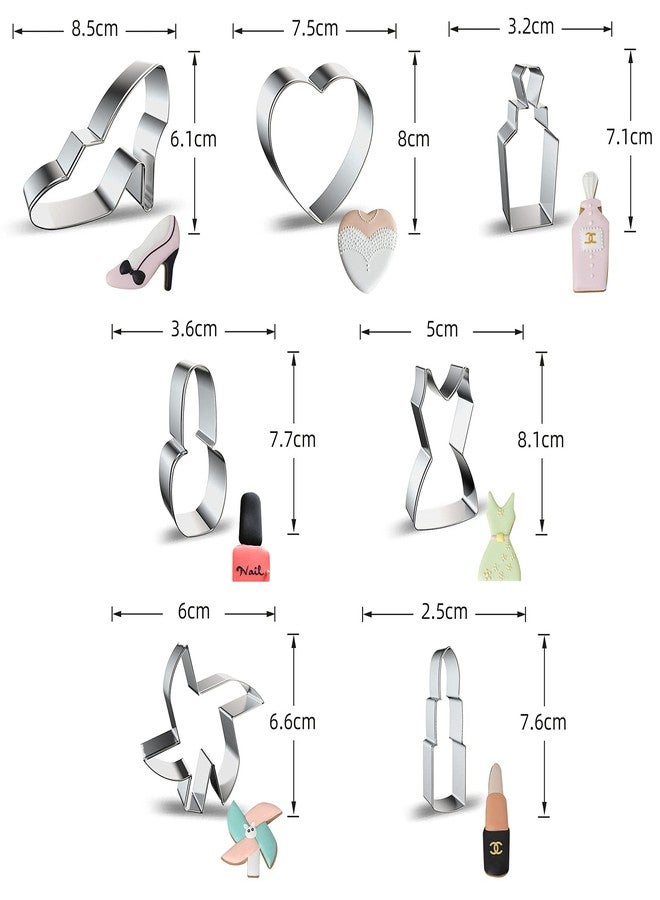 azflyife Makeup Dress Up Cookie Cutters Shapes Set of 7 - High Heel, Heart, Perfume, Nail Polish, Dresses, Windmill, Lipstick Shaped Women Girl Ladies Princess Fashion Cookie Cutter for Birthday Valentine Day - Image 2