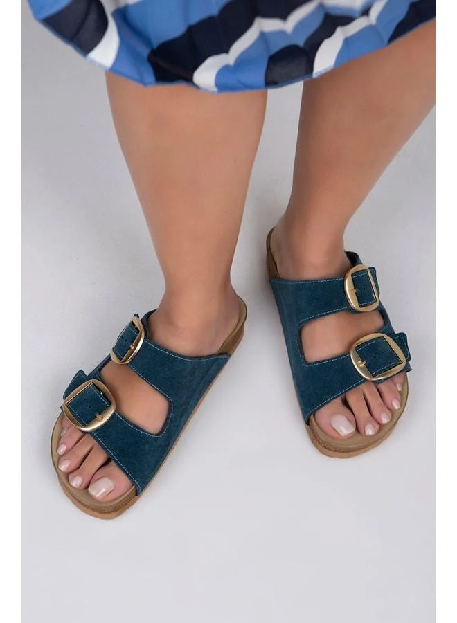 Manijero  Irene Women's Genuine Leather Double Buckle Petrol Gold Slippers - Blue for Women | Best Price UAE
