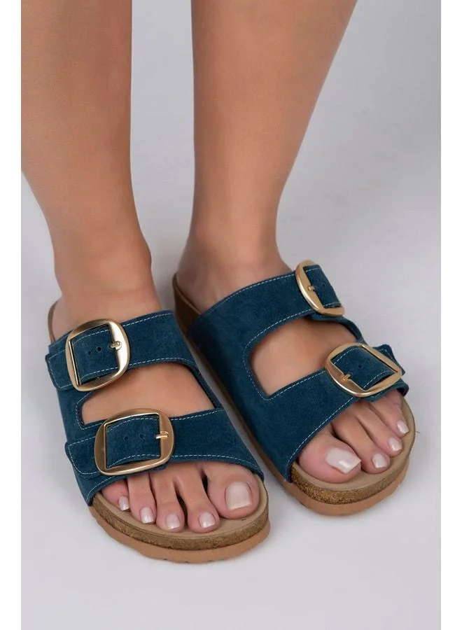 Irene Women's Genuine Leather Double Buckle Petrol Gold Slippers - Blue