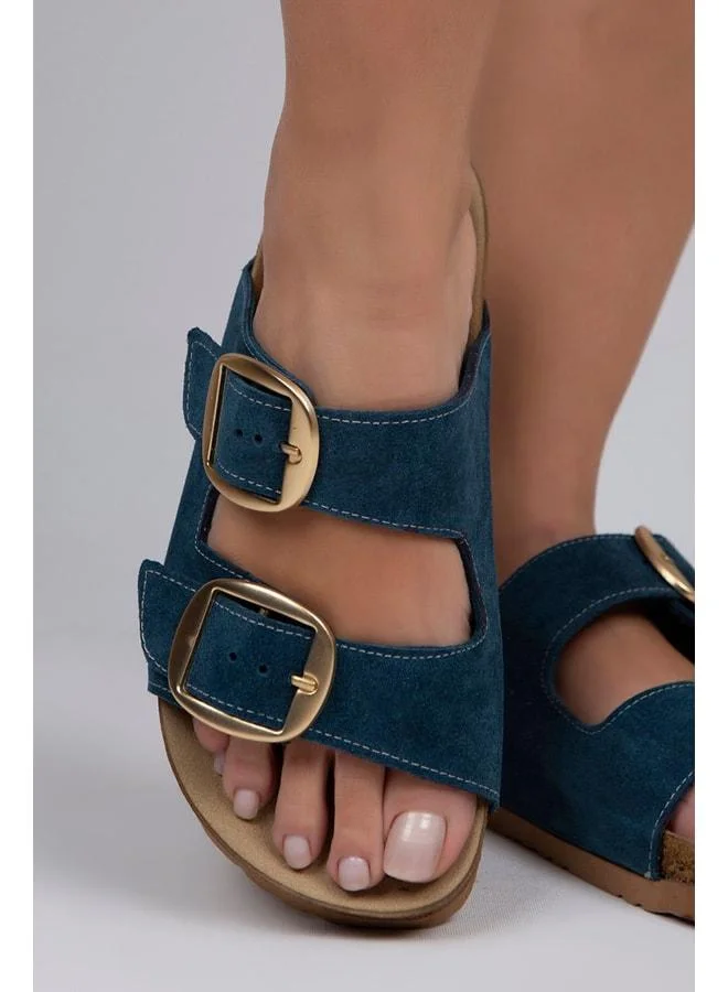 Manijero  Irene Women's Genuine Leather Double Buckle Petrol Gold Slippers - Blue for Women | Best Price UAE