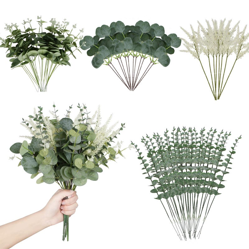 Coreland Artificial Eucalyptus Leaves Stems 120 Pcs 4 Kinds Mixed Fake Silver Dollar Eucalyptus Leaves Stem Bulk Faux Leaf for DIY Bouquets Floral Arrangement Wedding Home Decor - Image 1