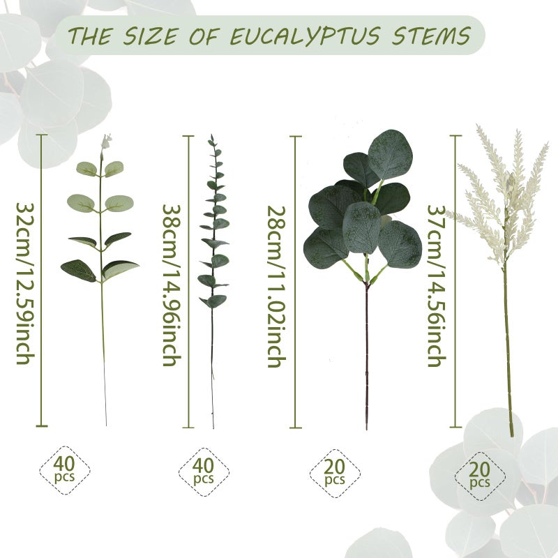 Coreland Artificial Eucalyptus Leaves Stems 120 Pcs 4 Kinds Mixed Fake Silver Dollar Eucalyptus Leaves Stem Bulk Faux Leaf for DIY Bouquets Floral Arrangement Wedding Home Decor - Image 2